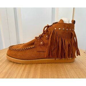 Lace Up Fringed Faux Suede Moccasin Ankle Boots